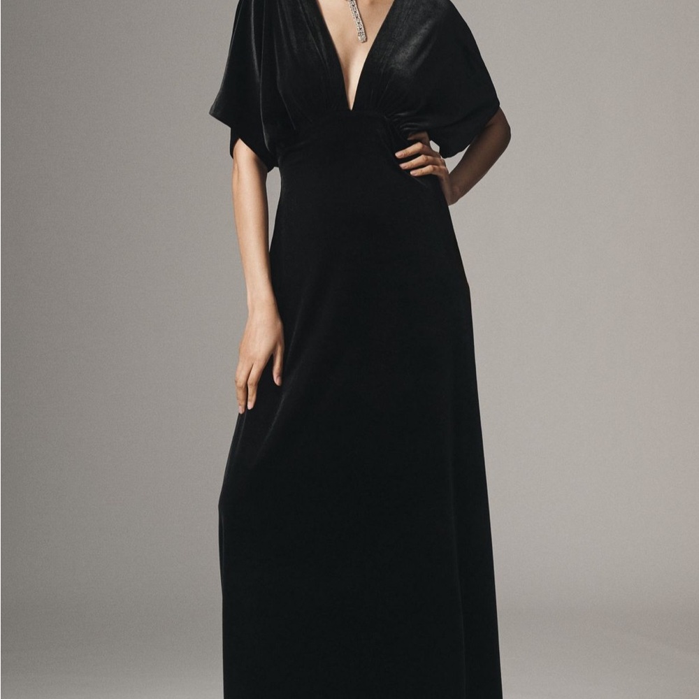 BHLDN Amelia Deep-V Stretch Velvet Maxi Dress (Black, Size S)